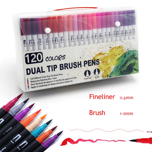 Markers Set 120 Colors FineLiner Dual Tip Brush Pen Drawing Painting Watercolor Art Marker Pens for Manga Art Supplies